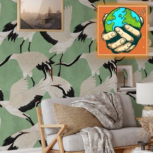 Best-Selling Japanese Green Heron Wallpaper - Serene and Romantic Design on Soft Green Background, Green Herons Wallpaper, Luxury Wallpaper