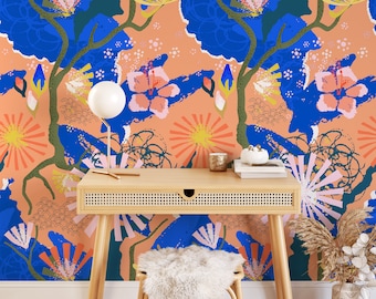 Nordic Folk Bright Wallpaper for Funky home decor, Danish Pastel Modern Home for Bohemian Living Room