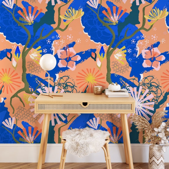 Nordic Folk Bright Wallpaper for Funky home decor, Danish Pastel Modern Home for Bohemian Living Room