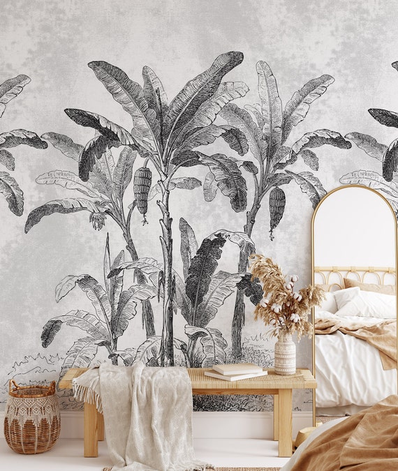 Monochrome Jungle wallpaper, Tropical Landscape wallpaper, Black and white wall decor, Large wall art for a Tropical decor.