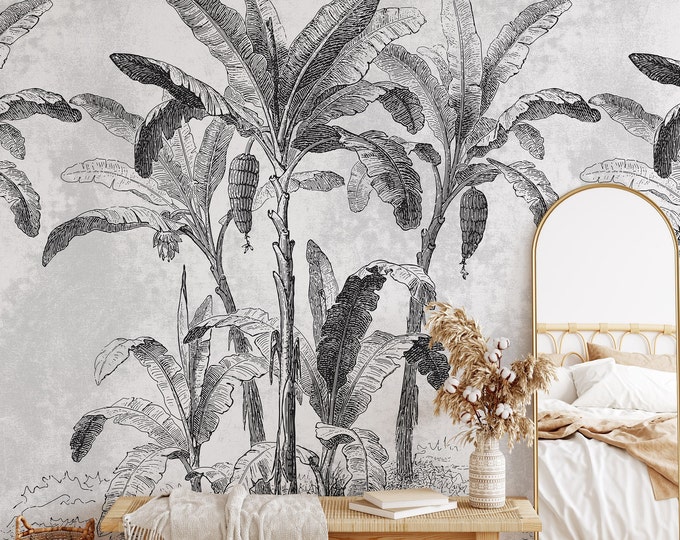 Monochrome Jungle wallpaper, Tropical Landscape wallpaper, Black and white wall decor, Large wall art for a Tropical decor.