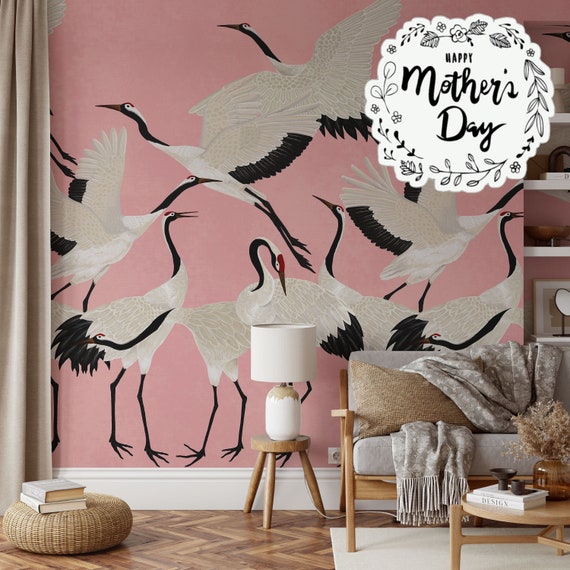 Pink Heron Print Wallpaper, Crane Wallpaper, Removable Wallpaper, Elegant Crane Dance Wallpaper, Graceful Bird Design