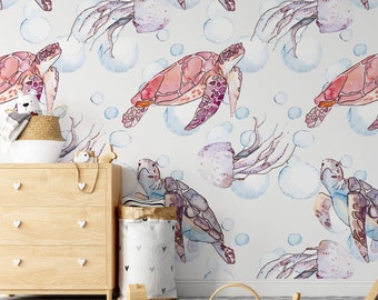 Ocean Wallpaper for All Kids, Jellyfish and Turtle Wall Art, Watercolor Underwater Wall Decor