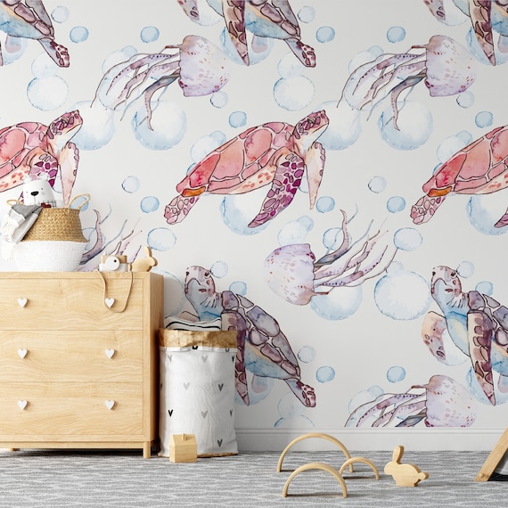 Ocean Wallpaper for All Kids, Jellyfish and Turtle Wall Art, Watercolor Underwater Wall Decor