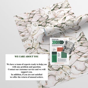 Puede incluir: Un papel de regalo blanco y verde con un dise&ntilde;o repetitivo de caras. El papel est&aacute; enrollado y la etiqueta dice "We Care About You". El texto debajo de la etiqueta dice "We have a team of experts ready to help you with any problem and question. Contact our customer service and we will support you. In addition, if you are not satisfied we offer the return of unused orders."