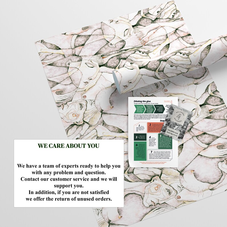 Puede incluir: Un papel de regalo blanco y verde con un dise&ntilde;o repetitivo de caras. El papel est&aacute; enrollado y la etiqueta dice "We Care About You". El texto debajo de la etiqueta dice "We have a team of experts ready to help you with any problem and question. Contact our customer service and we will support you. In addition, if you are not satisfied we offer the return of unused orders."