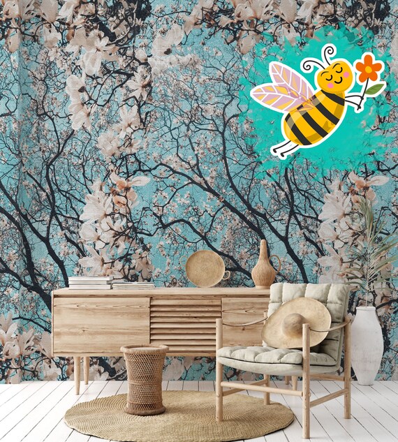 Almond Blossom Wallpaper, Floral Blossom Wall Decor, Sky Blue Background Elegant Wall Decor