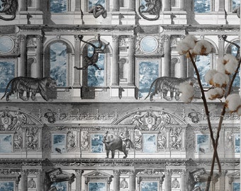 Baroque Animal Wallpaper, Monkeys on Classic Building Engraved Wallpaper, Retro Design Etching Wall Decor