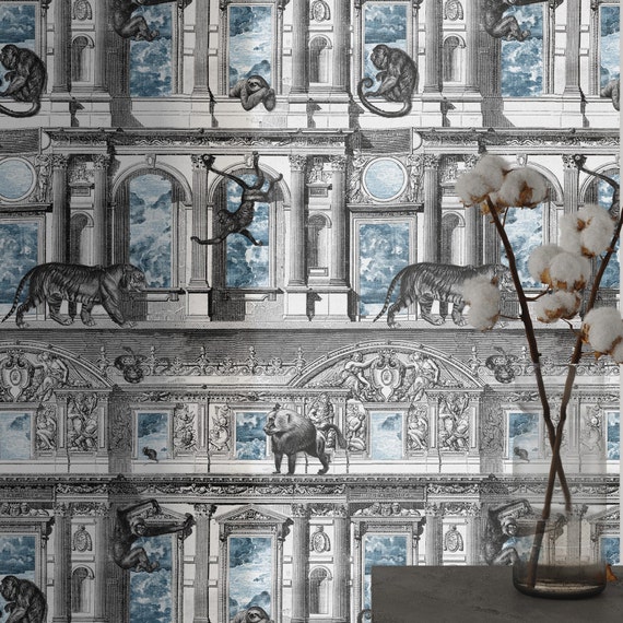Monkeys on Classic Building Engraved Wallpaper, Retro Design Etching Wall Decor