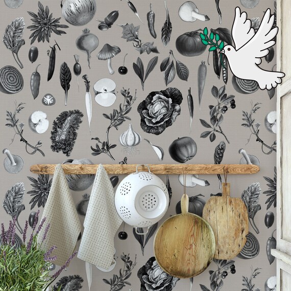 Vintage Vegetables Kitchen Wallpaper, Retro Kitchen Veggie Wall decor, Farmhouse Wall Art