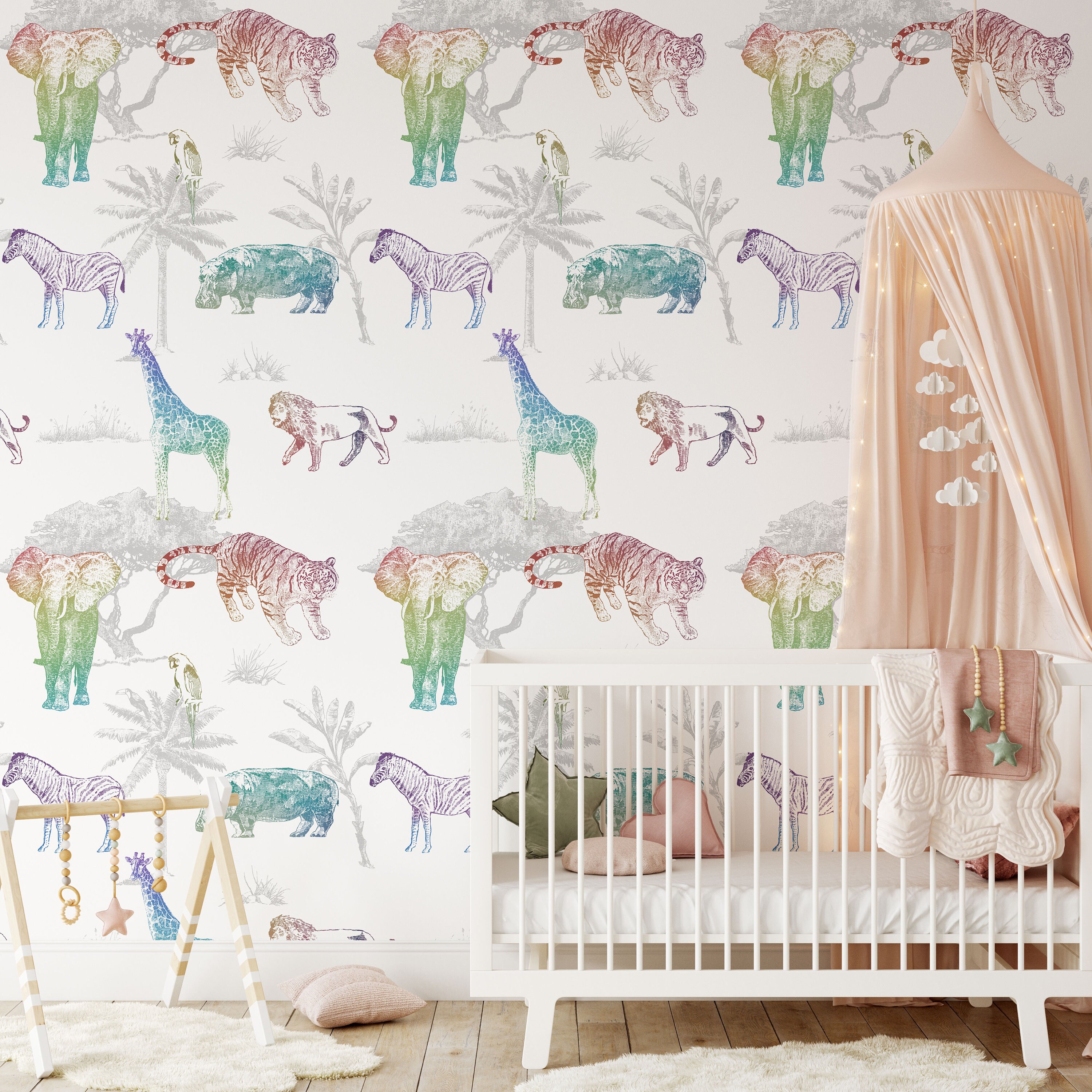 Safari Wallpaper, African Forest, Rainbow Wallpaper with Wild Animals, Lion Elephant Giraffe Watercolor animal Nursery Wall Decor Safari Wallpaper, African Forest, Rainbow Wallpaper with Wild Animals, Lion Elephant Giraffe Watercolor animal Nursery Wall Decor