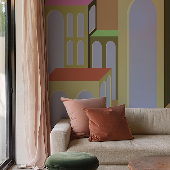 Extra Large Colorful Abstract Wallpaper, Architectural Minimal Elements, Whimsical Wall Decor for Modern Interiors