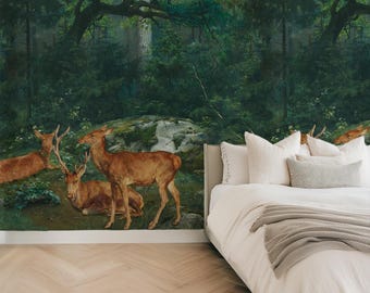Vintage Forest Deer Wallpaper Mural | Eco-Friendly Removable Nature Decor for Lush Woodland Landscape
