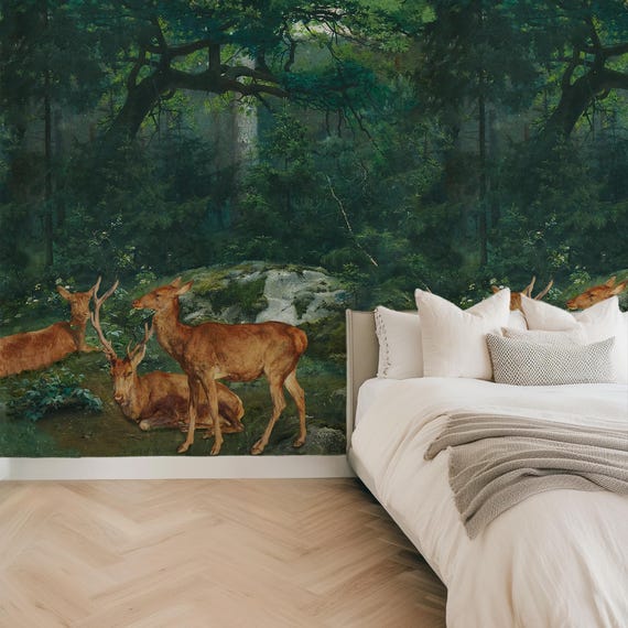 Vintage Forest Deer Wallpaper Mural | Eco-Friendly Removable Nature Decor for Lush Woodland Landscape