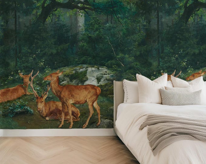 Vintage Forest Deer Wallpaper Mural | Eco-Friendly Removable Nature Decor for Lush Woodland Landscape