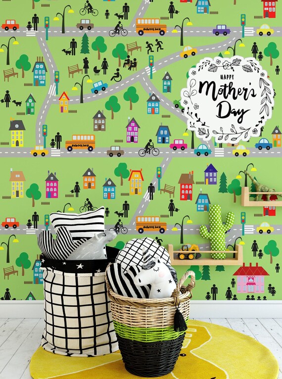 A fun city map wallpaper for kids room Decor, Village Wall Art with roads