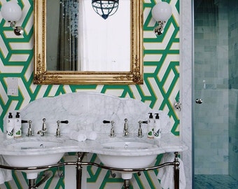 Mid Century Modern Geometric Wallpaper, Green and White Art Deco Wall Decor
