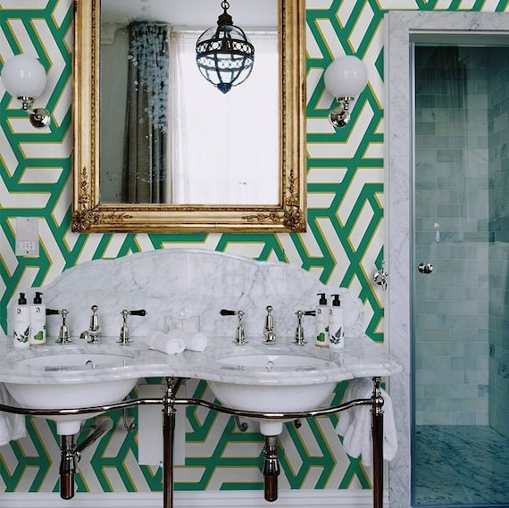 Mid Century Modern Geometric Wallpaper, Green and White Art Deco Wall Decor