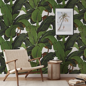 Carta da parati foglie di Banano Martinica, Carta da parati Foresta Tropicale Albero Banana Bianca e Verde