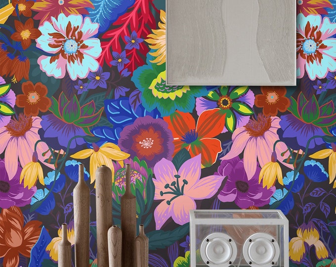 Funky Flowers Preppy Wallpaper, Bright Floral for Country Cottage Chic Decor