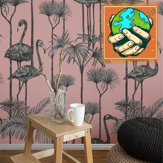 Hand-Drawn Pink Flamingos in Tropical Forest Wallpaper - Serene and Exotic Wall Decor for a Whimsical Escape