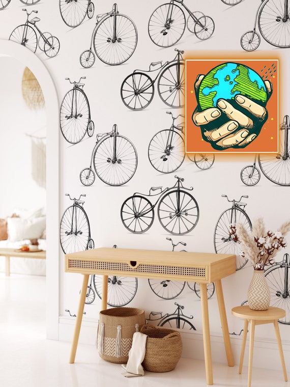 High Wheeler Vintage Wallpaper, Penny Farthing Retro Wall Decor in Black and White