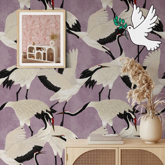 Lilac Pastel Chinoiserie Wall Art, Cute Purple Herons Wallpaper