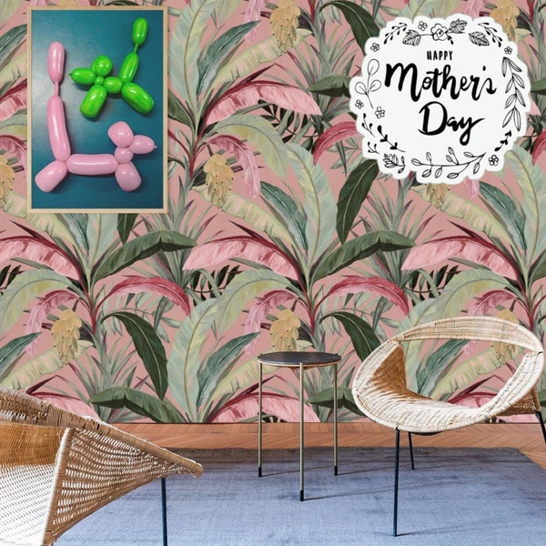 Banana Leaves Jungle Wallpaper, Tropical Rainforest Print Soft Pink Wall Decor, Banana Leaf Print Boho Chic Decor