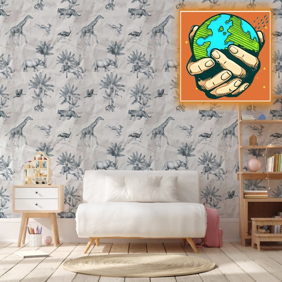 Safari Wallpaper with Wild Animal, African Forest Wall Mural, Exotic Animals Wall Art