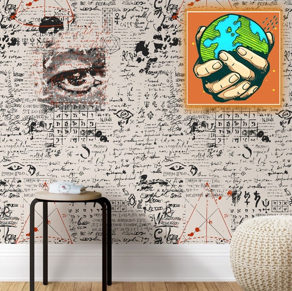 Mystical Pattern Eye Wallpaper, Fantasy Wall Decor with Hand Drawn Script for Macabre Art