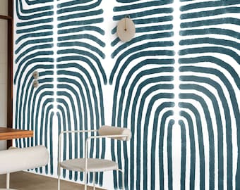 Blue and White Boho Wallpaper, Minimal Abstract Artistic Wall Decor