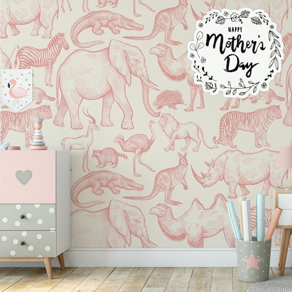 Wild Animals Pink Wallpaper, Lion Elephant Giraffe Watercolor animal Nursery Wall Decor