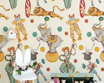 Watercolor Circus Nursery Wallpaper for Boys Room Decor, Nursery Wall Decor, Whimsical Circus Animals Retro Wall Art