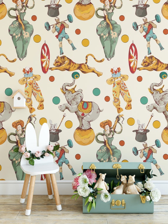 Watercolor Circus Nursery Wallpaper for Boys Room Decor, Nursery Wall Decor, Whimsical Circus Animals Retro Wall Art