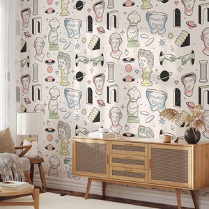 May include: A white background with a repeating pattern of colorful illustrations. The illustrations include a bust of a person, a column, a planet, a heart, a star, a sun, a hand, a doorway, and a staircase.