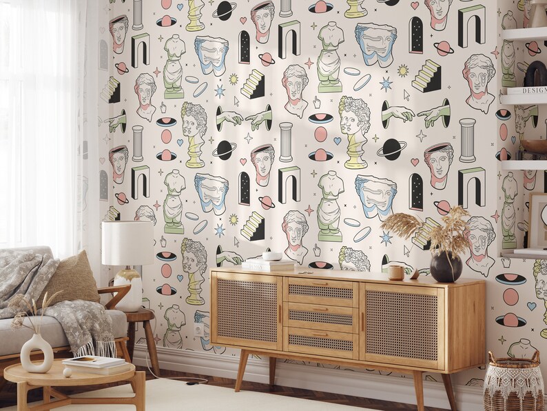 May include: A white background with a repeating pattern of colorful illustrations. The illustrations include a bust of a person, a column, a planet, a heart, a star, a sun, a hand, a doorway, and a staircase.
