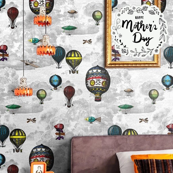 Hot Air Balloons Wallpaper with Vintage Airships, Vintage Illustration Cloudy Sky for Feature Wall