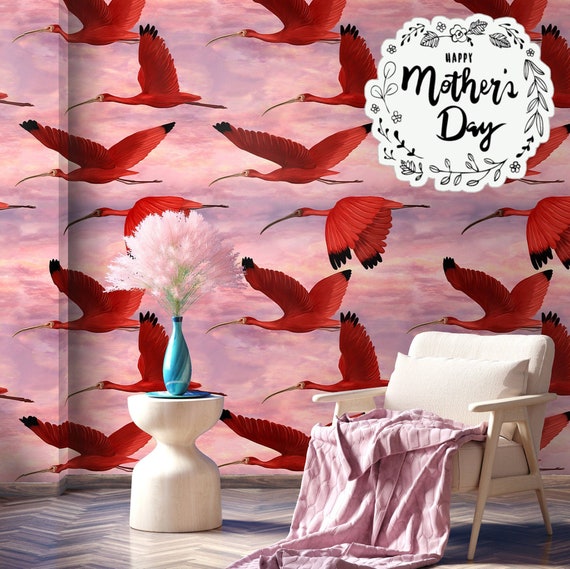 Scarlet Ibis Bird Wallpaper at Sunset, Tropical birds Indie room decor, dramatic wall covering