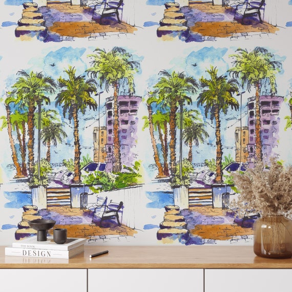 Colorful Summer City Wallpaper, Miami Wallpaper, Tropical Palms Wallpaper