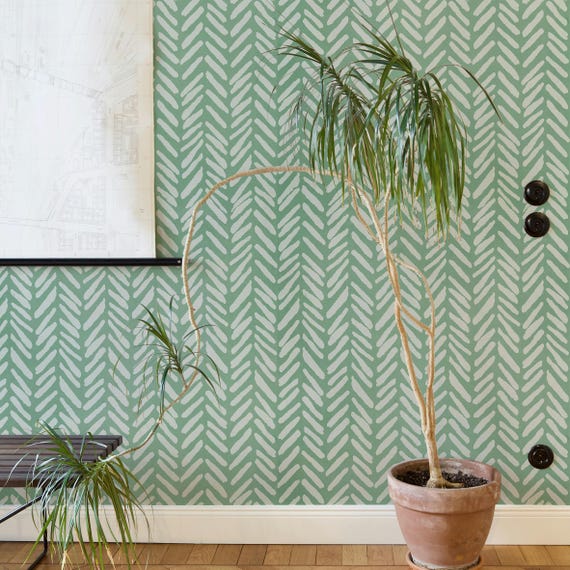 Light Green Herringbone Pastel Wallpaper, Minimalist Chevron Wall Decor, Soft Green Modern Wall Papering