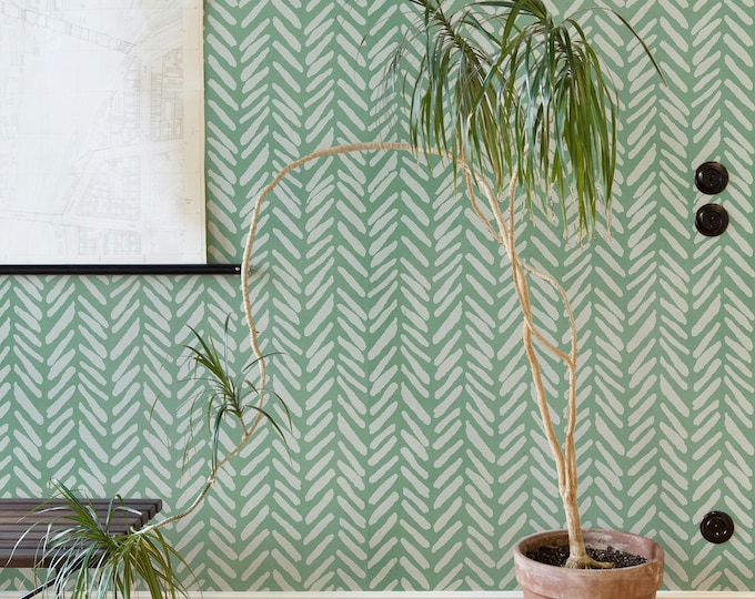 Light Green Herringbone Pastel Wallpaper, Minimalist Chevron Wall Decor, Soft Green Modern Wall Papering
