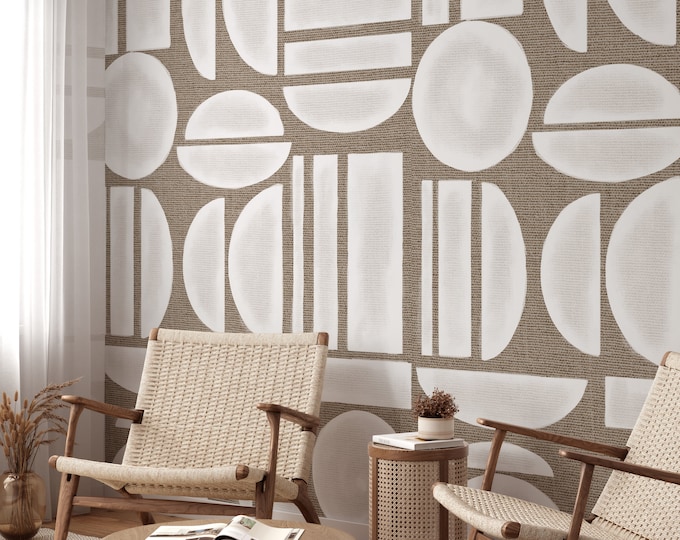 Extra Large Grass Cloth Raffia Abstract Wallpaper, Natural Tones Geometric Minimalist Decor