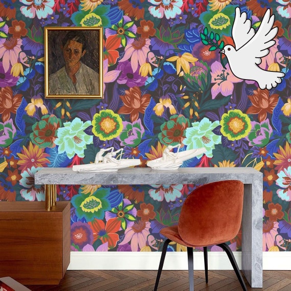 Dark Scandinavian Funky Floral Wallpaper, Colorful Floral temporary wall art, Whimsical Indie room decor