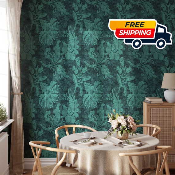 Persian Turquoise Damask Wallpaper, Antique Victorian fabric texture