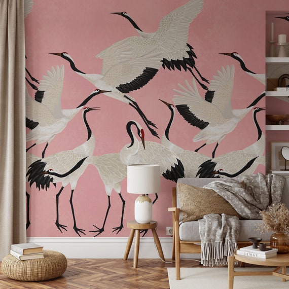 Pink Heron Print Wallpaper, Crane Wallpaper, Removable Wallpaper, Elegant Crane Dance Wallpaper, Graceful Bird Design