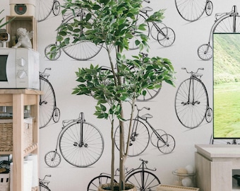 High Wheeler Vintage Wallpaper - Penny Farthing Retro Wall Decor in Black and White, Classic Bicycle Art for Home & Office