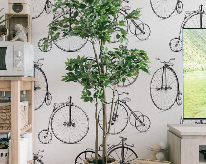 High Wheeler Vintage Wallpaper - Penny Farthing Retro Wall Decor in Black and White, Classic Bicycle Art for Home & Office