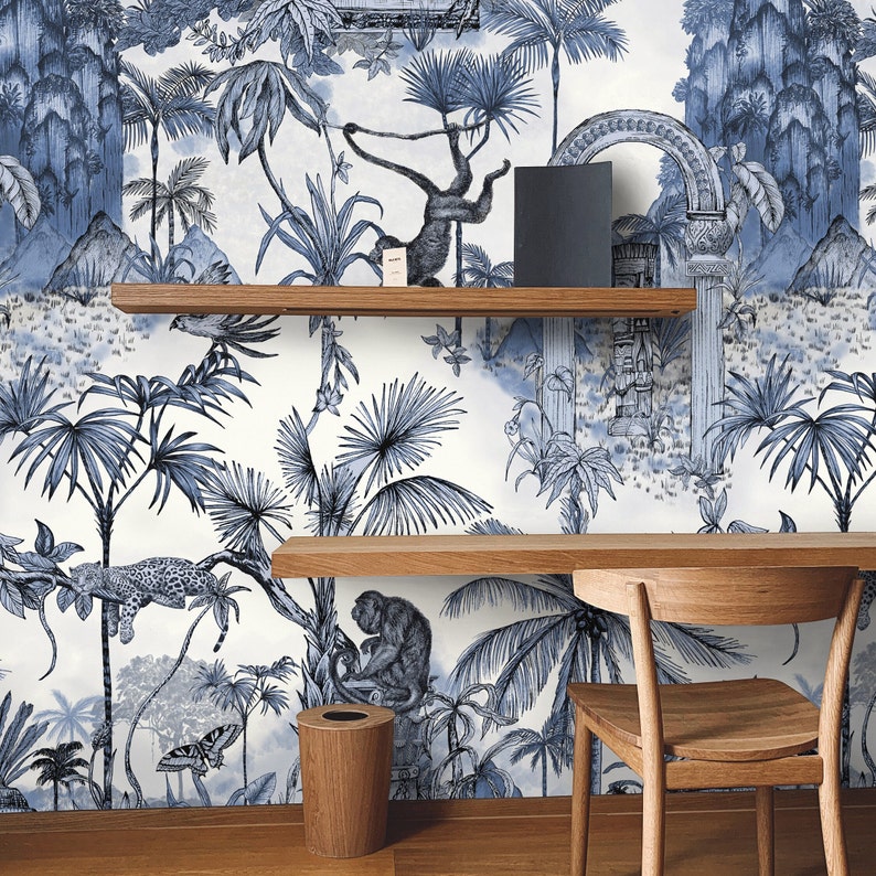 Extra Large Jungle Tropical Rainforest Large Wallpaper with Monkeys and Jaguar, Vintage Blue Tropical Leaves Wall Decor image 3