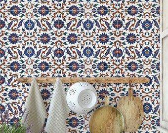 Kitchen Wallpaper with Mosaic Stone Tiles, Temporary Talavera Tile Wall Decor with Blue and Red Texture