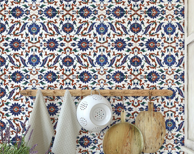 Kitchen Wallpaper with Mosaic Stone Tiles, Temporary Talavera Tile Wall Decor with Blue and Red Texture